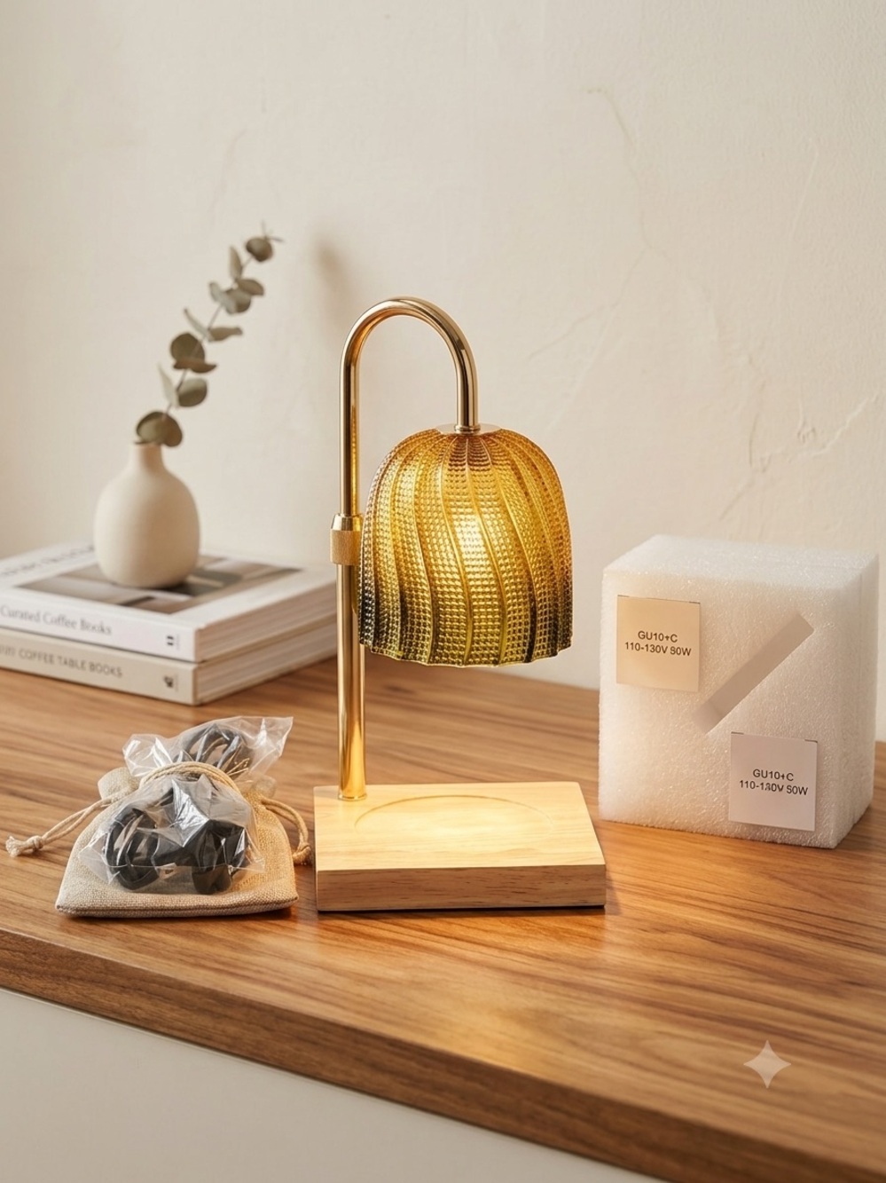 Brass Gold Table Lamp with Ribbed Glass Shade (candle warmer lamp)